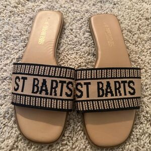 St. Barts Neutral Woven Strap Slide Sandals